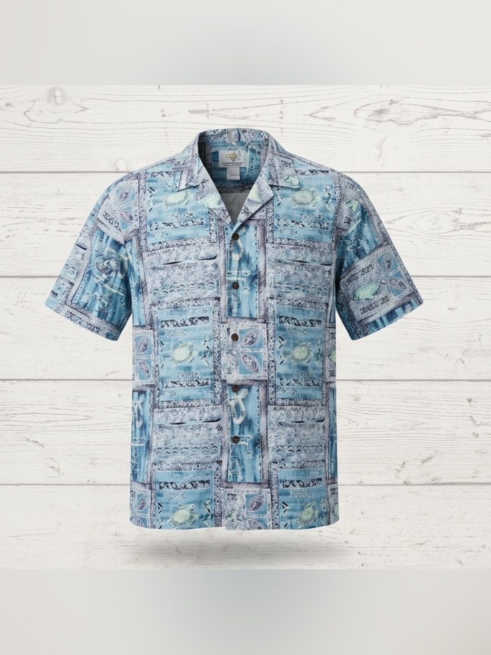 Ho Aloha Men's Large Y2K Hawaiian Shirt Made in Hawaii Honu Turtle Blue EUC